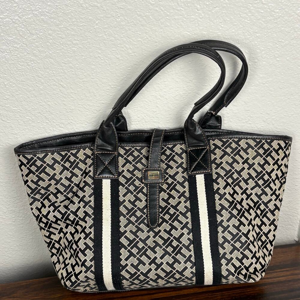 Tommy Hilfiger Monogram Logo Black White Stripe Shoulder Bag Purse Latch Closure